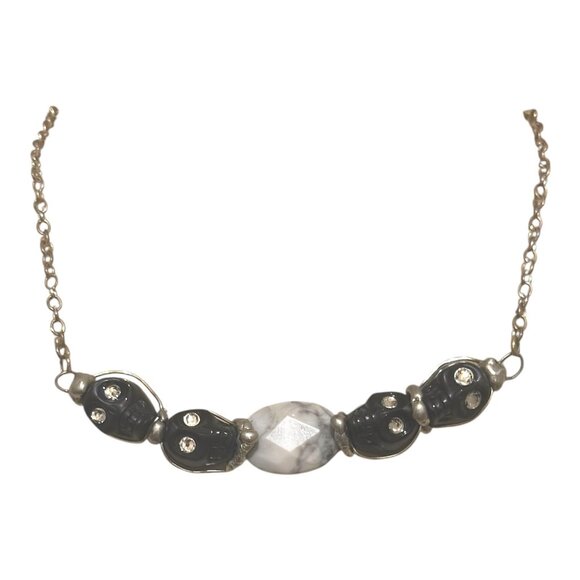 Artisan Necklace W/ Black Onyx Sugar Skulls, Swarovski Eyes & Marble Centerpiece - Picture 7 of 12